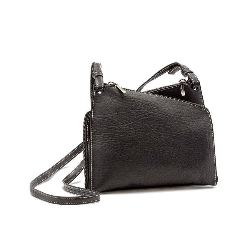 Pochette Mini-Max noir en cuir crispé naturel et bandoulière réglable