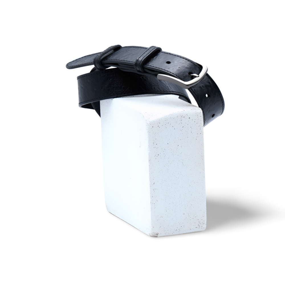 Ceinture 3.5 cm en cuir noir imprimé autruche boucle zamak Dorig