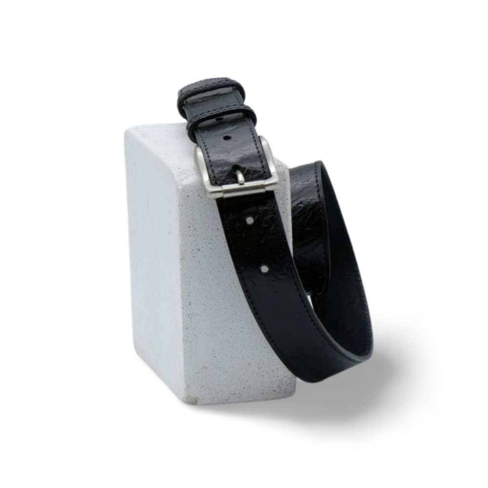 Ceinture 3.5 cm en cuir noir imprimé autruche boucle laiton argentée