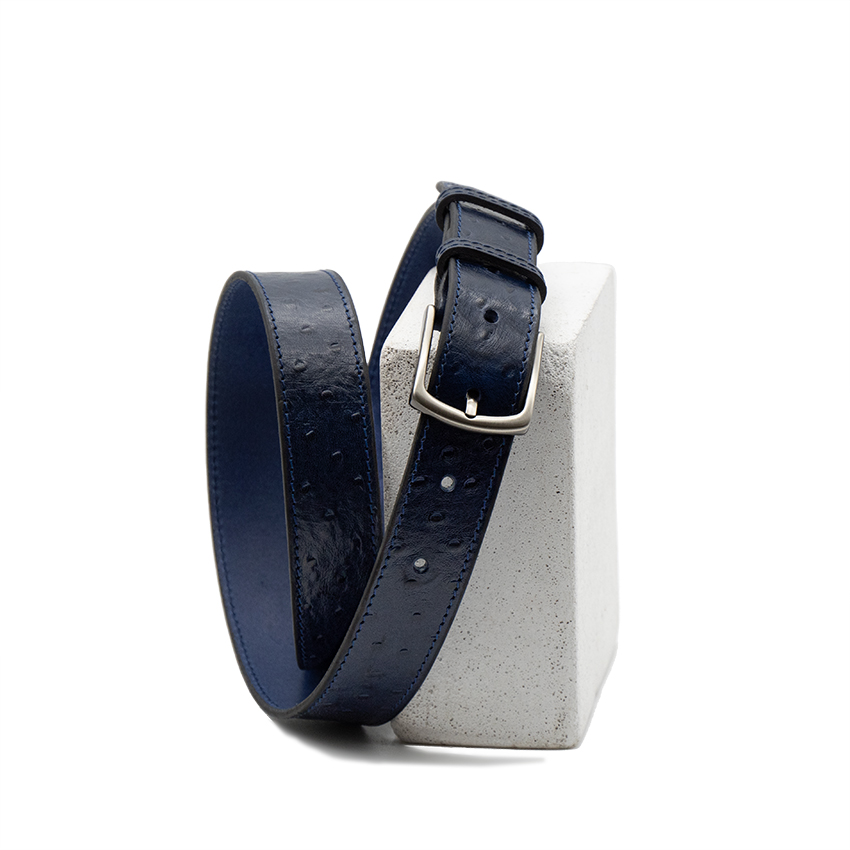 Ceinture en 3.5 cm cuir bleu imprimé autruche boucle zamac